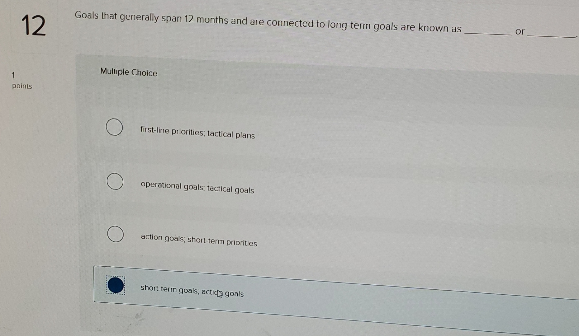  12 Goals that generally span 12 months and are connected to