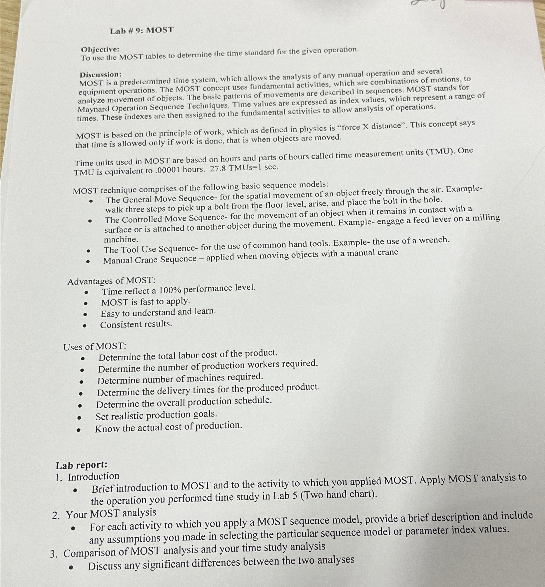  Lab # 9: MOST Objective: To use the MOST tables to