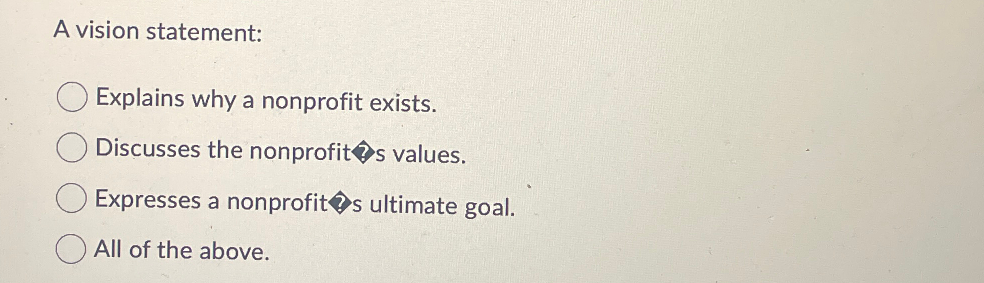  A vision statement: Explains why a nonprofit exists. Expresses a nonprofit