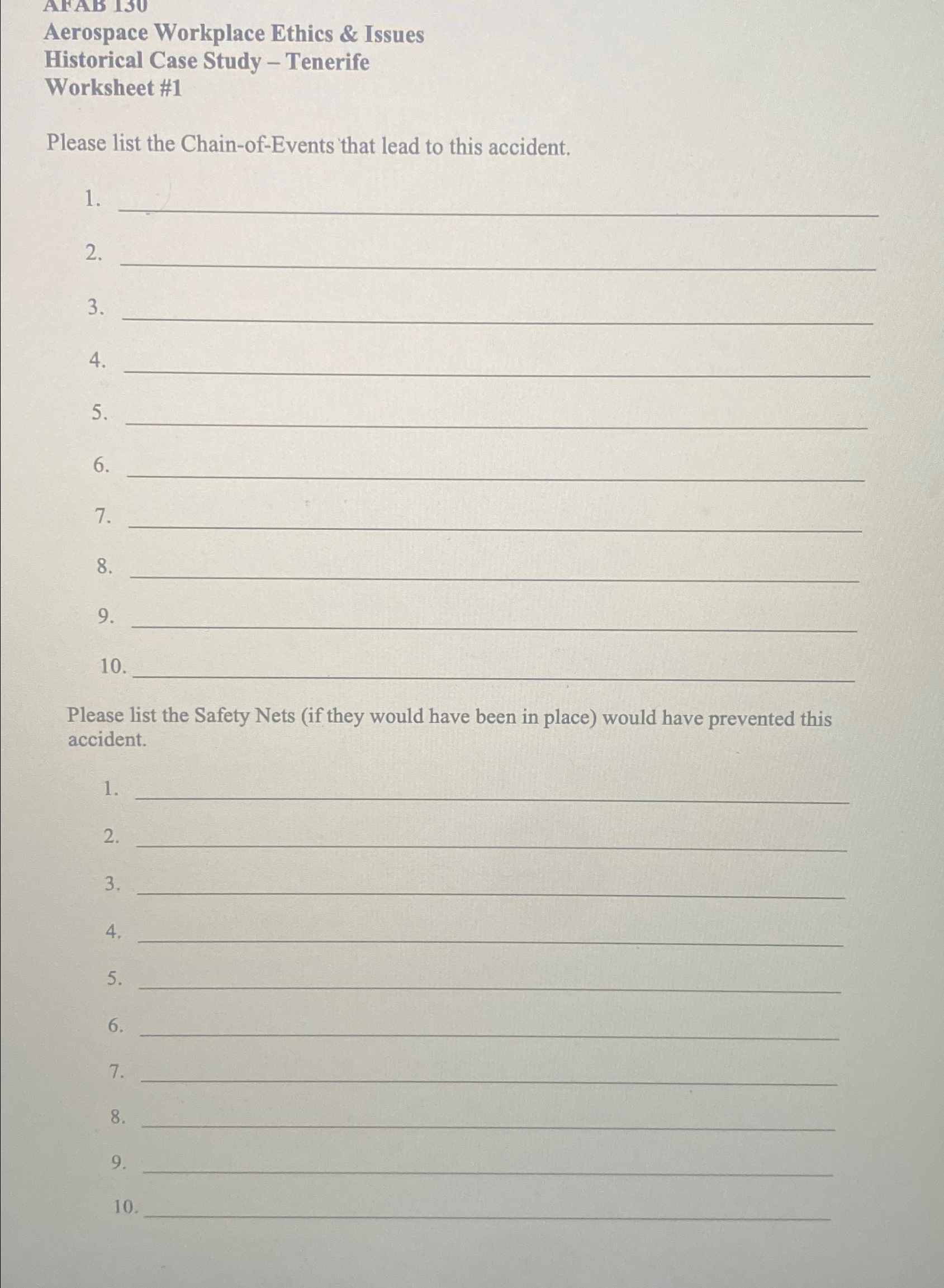  Aerospace Workplace Ethics & Issues Historical Case Study - Tenerife Worksheet