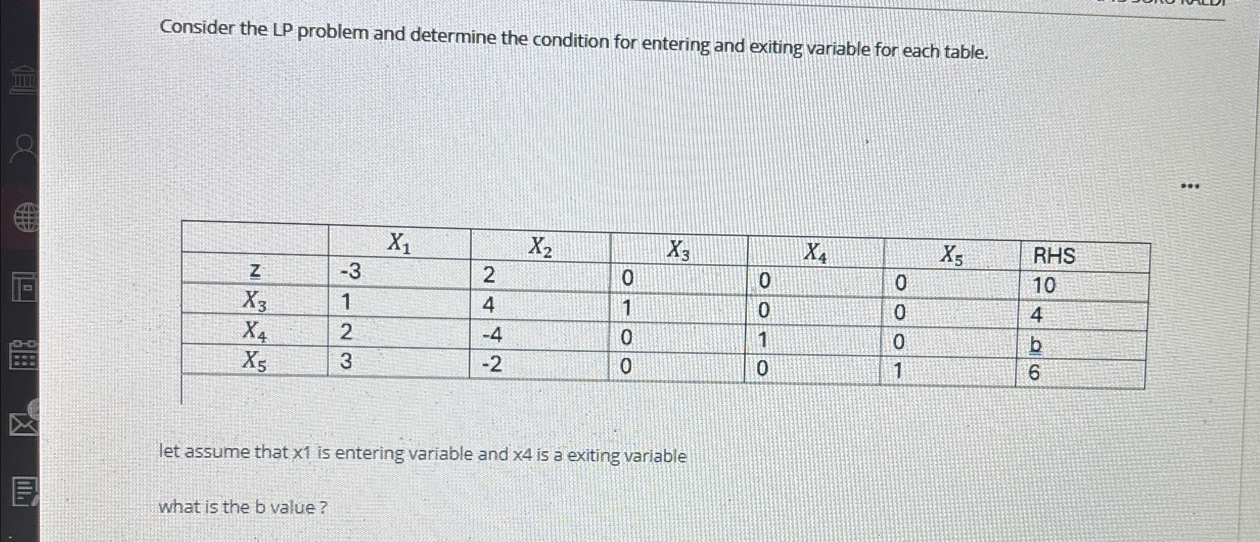  Consider the LP problem and determine the condition for entering and