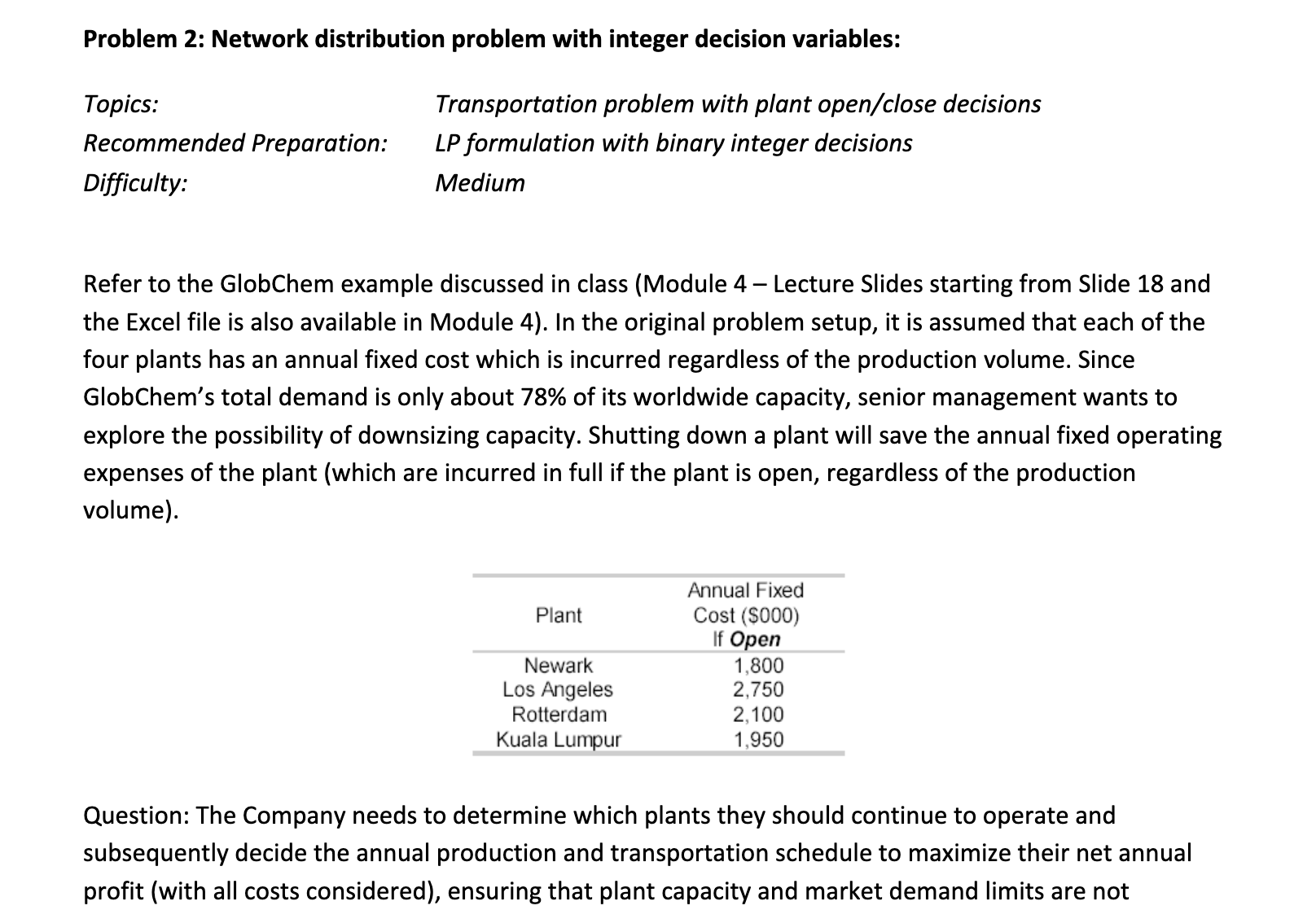  Problem 2: Network distribution problem with integer decision variables: Topics: Recommended