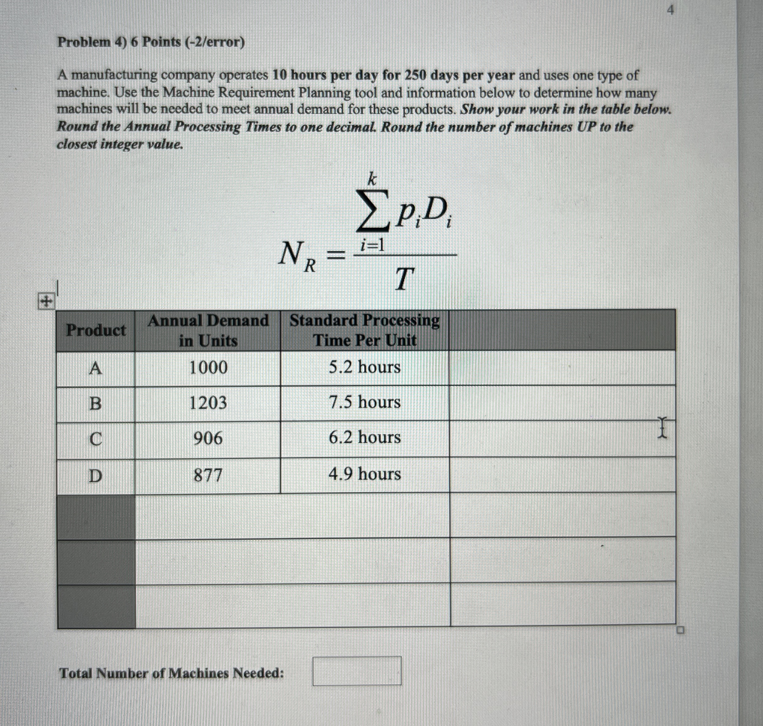 Problem 4)6 Points (-2? error) A manufacturing company operates 10 hours
