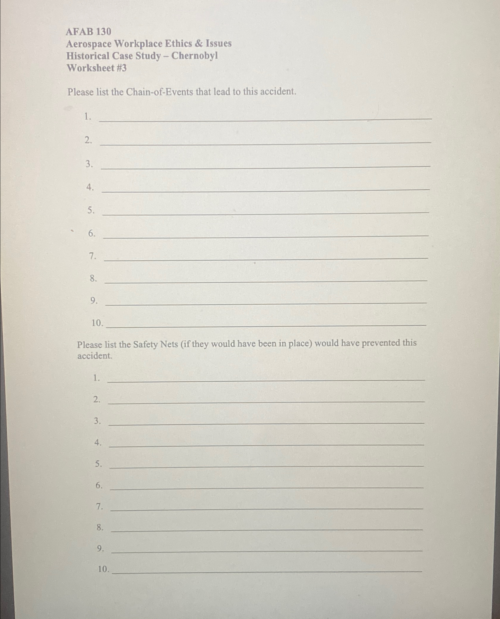  AFAB 130 Aerospace Workplace Ethics & Issues Historical Case Study -