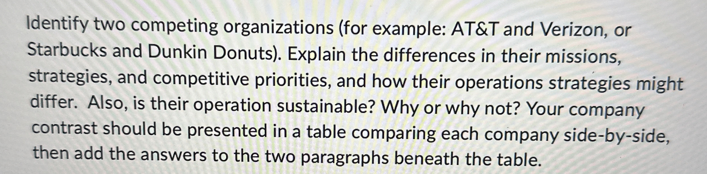  Identify two competing organizations (for example: AT&T and Verizon, or Starbucks