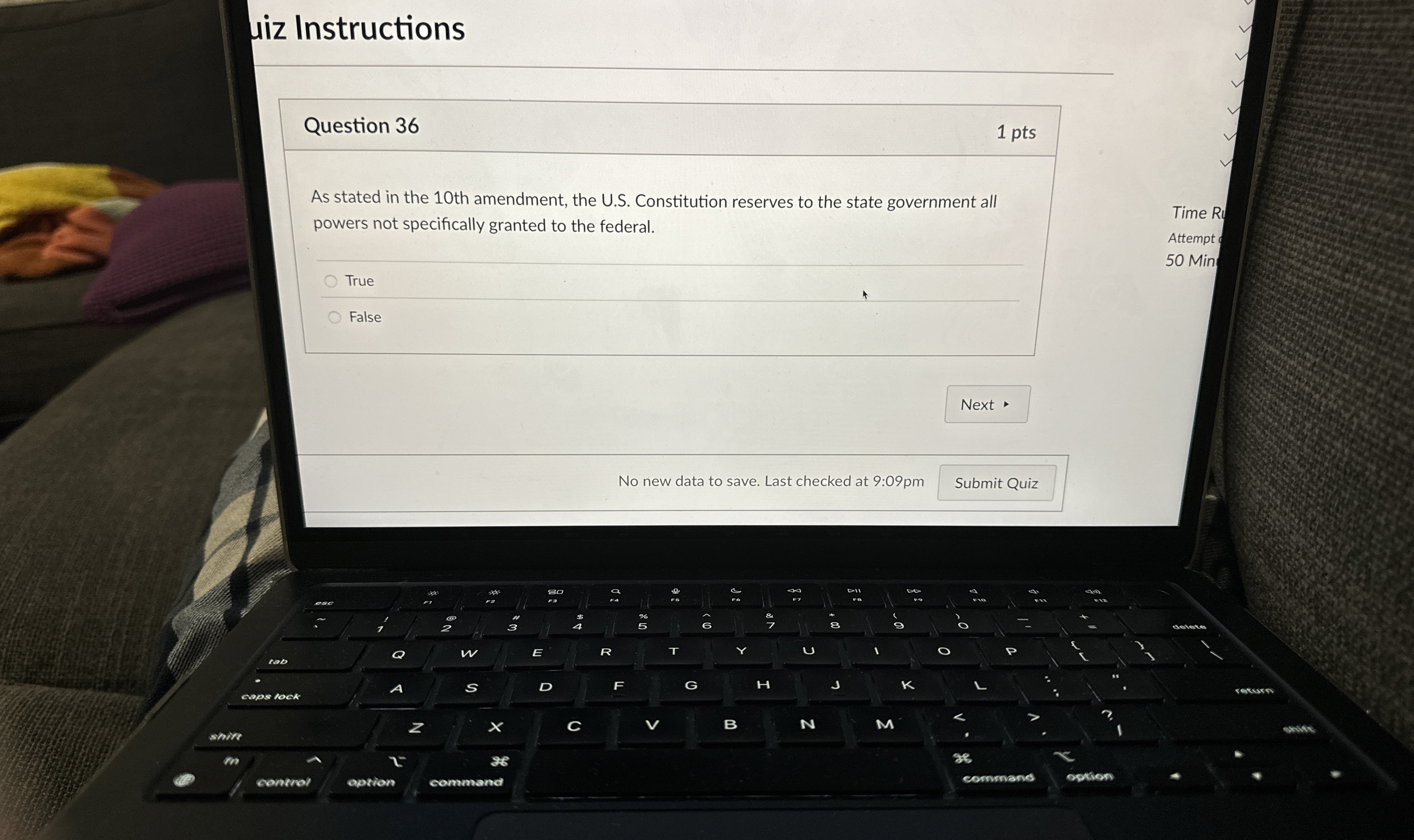  Question 36 As stated in the 10th amendment, the U.S. Constitution