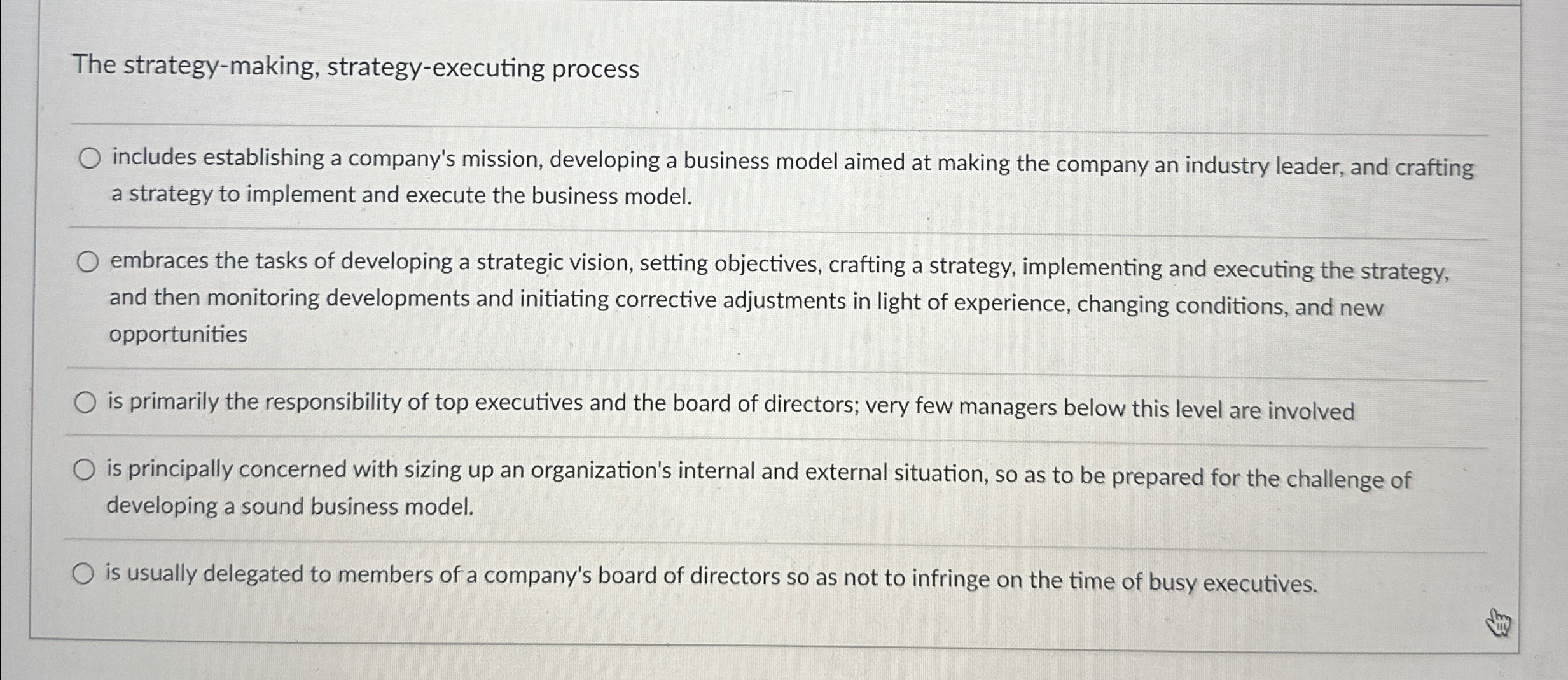  The strategy-making, strategy-executing process q, includes establishing a company's mission, developing