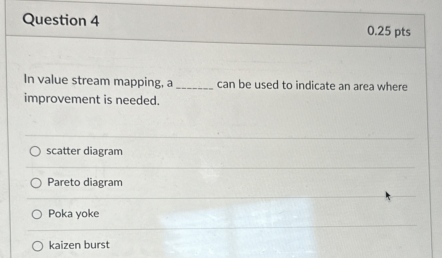  Question 4 0.25 pts In value stream mapping, a q, can