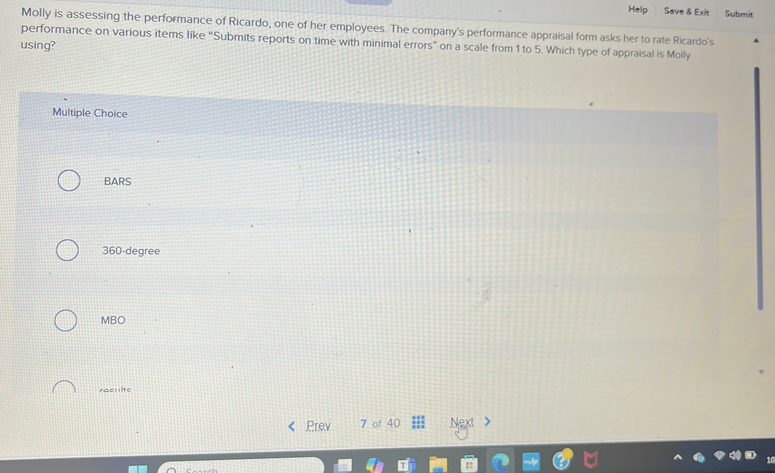  Help Save & Exit Submit Molly is assessing the performance of