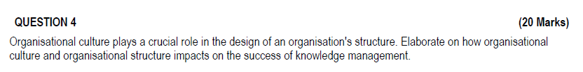 QUESTION 3QUESTION 4 (20 Marks) Organisational culture plays a crucial role
