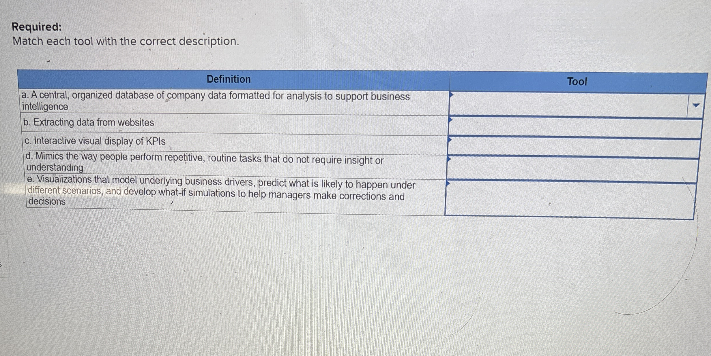  Required: Match each tool with the correct description. \table[[Definition],[\table[[a. A central,