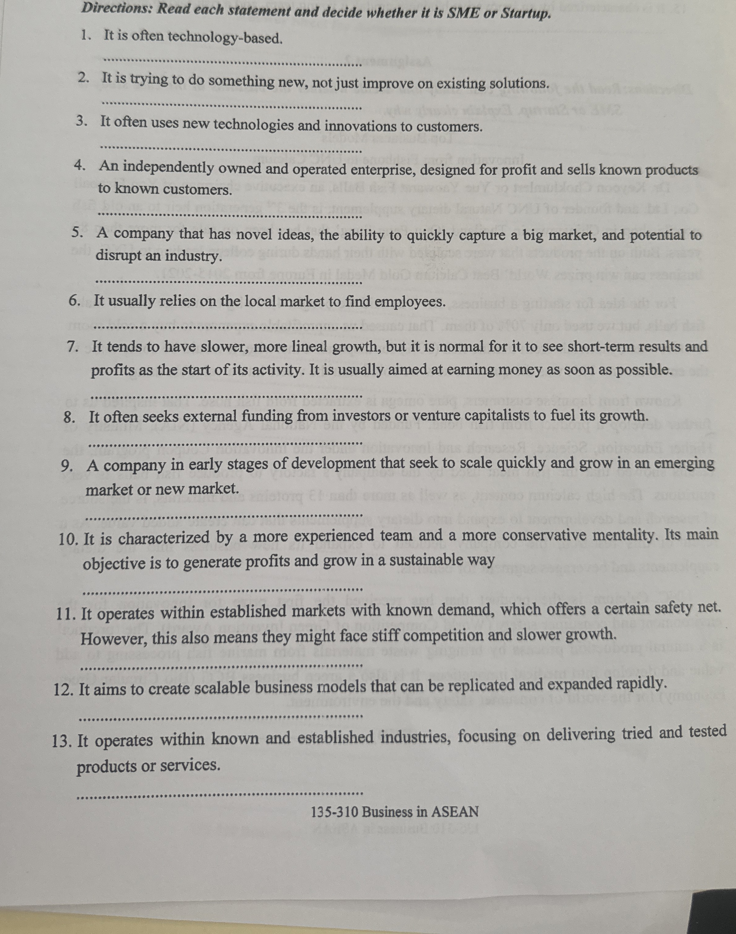  Directions: Read each statement and decide whether it is SME or