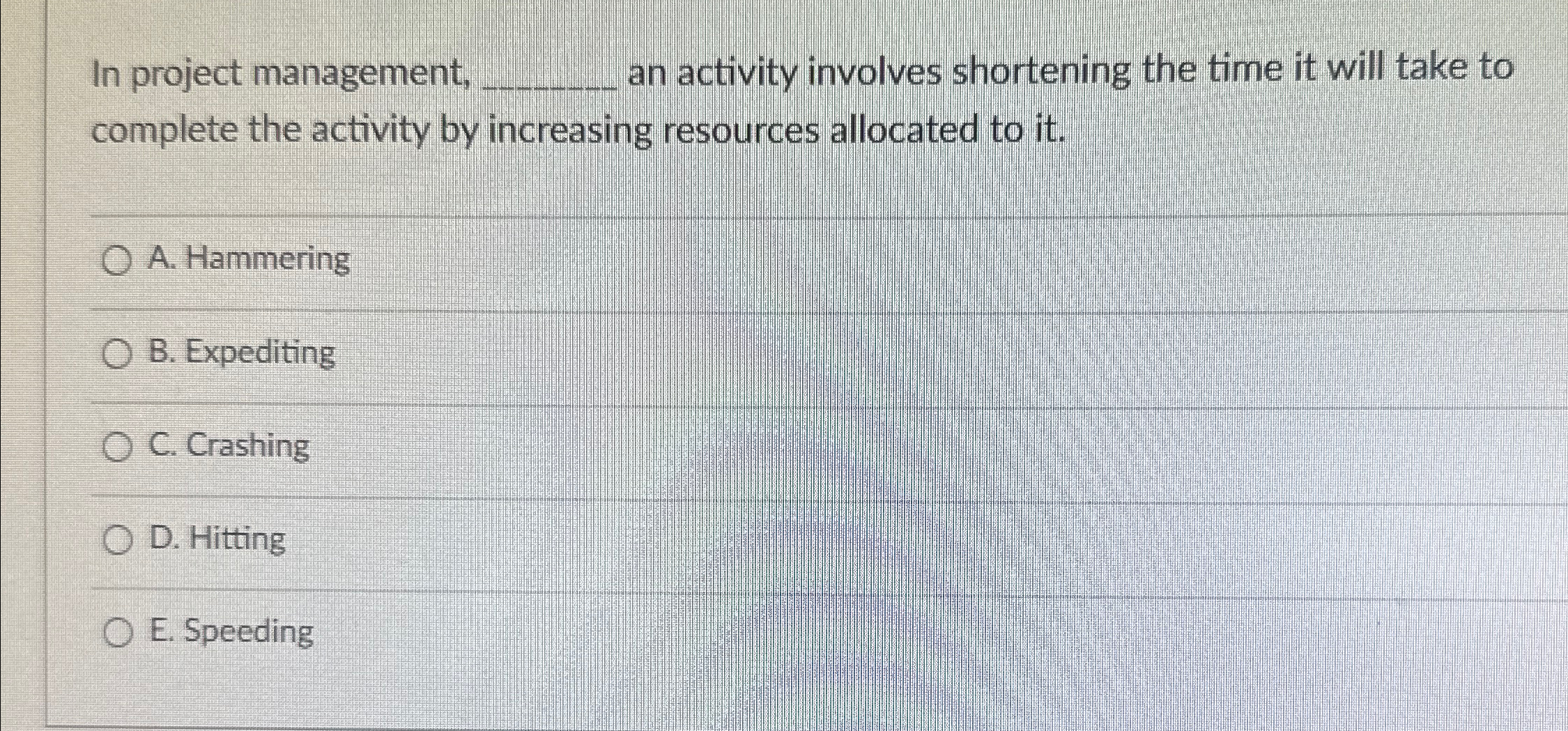  In project management, q, an activity involves shortening the time it