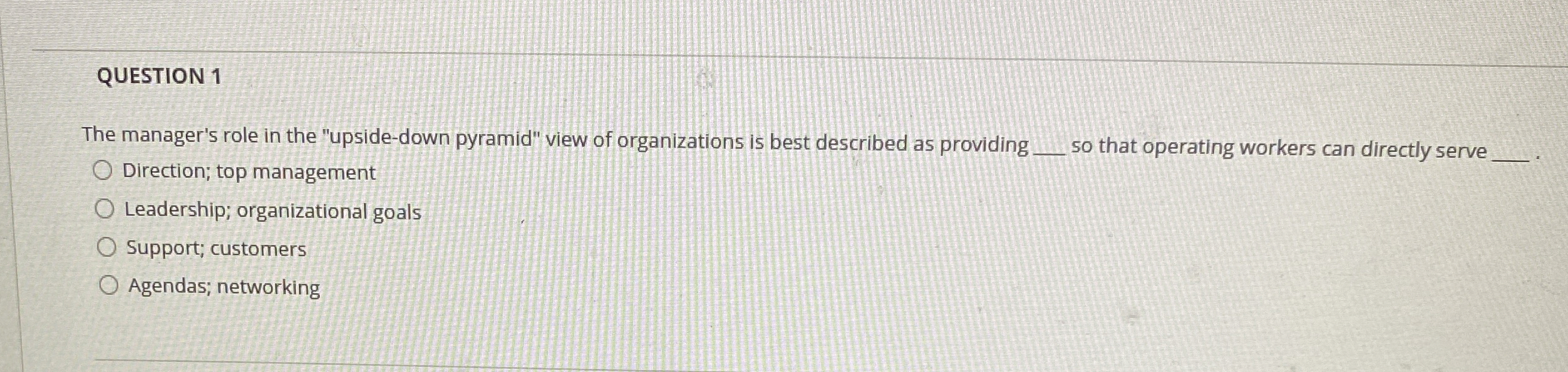  QUESTION 1 The manager's role in the "upside-down pyramid" view of