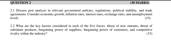  QUESTION 2 (30 MARKS) 2.1 Discuss pest analysis in relevant government