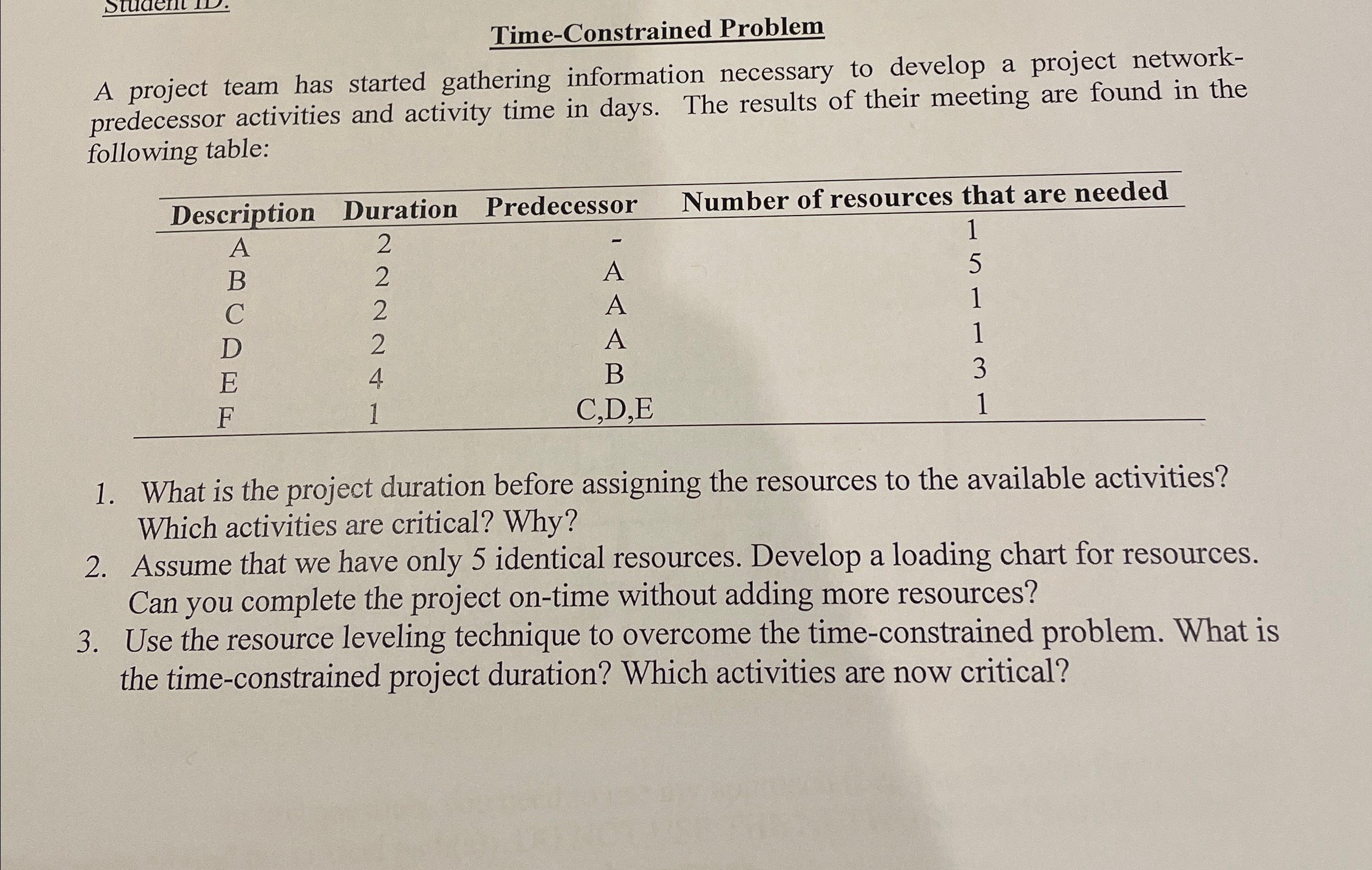  Time-Constrained Problem A project team has started gathering information necessary to