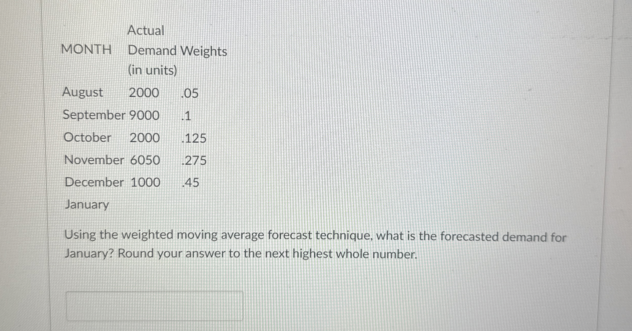  Actual MONTH Demand Weights (in units) August 2000,.05 September 9000,.1 October