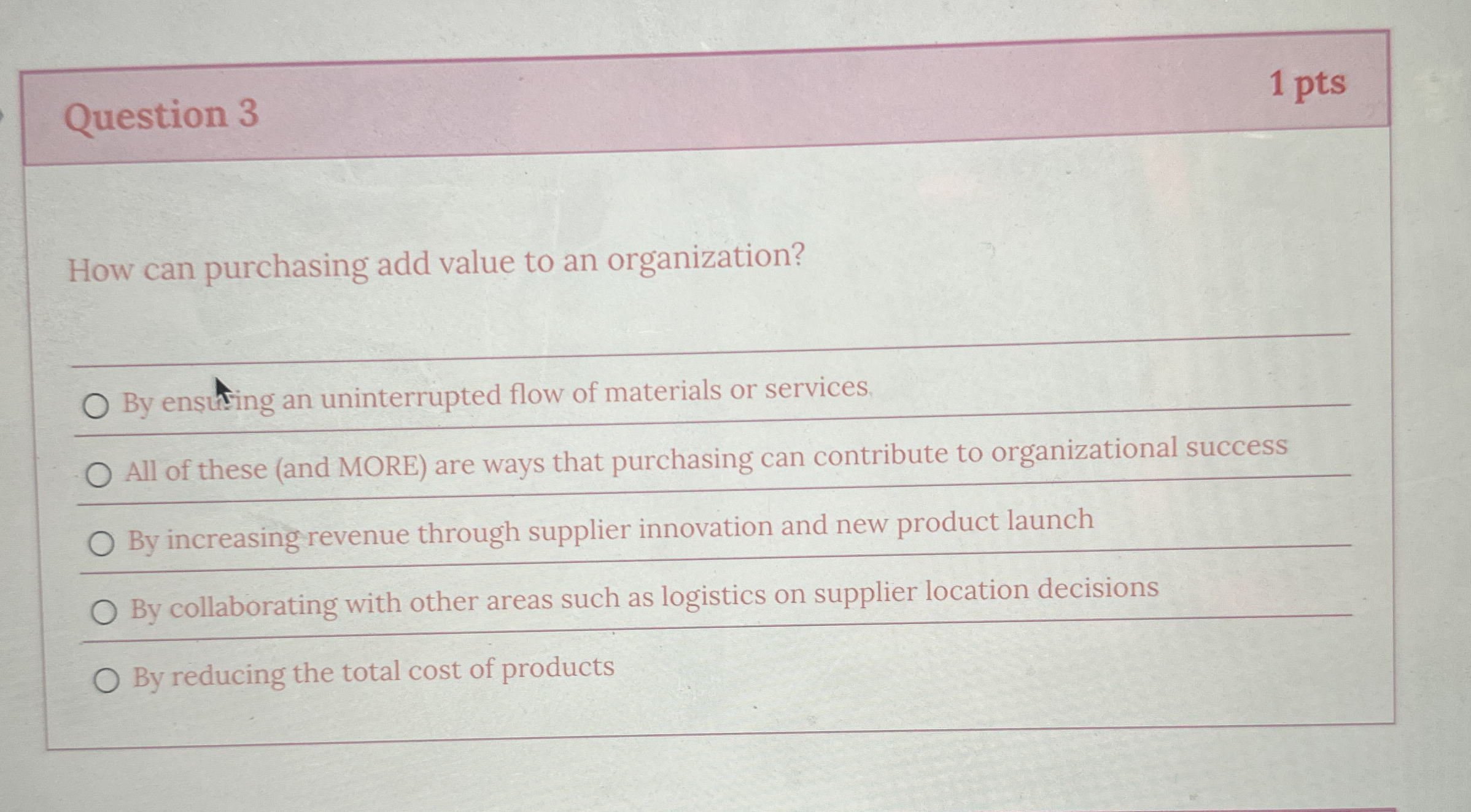  Question 3 How can purchasing add value to an organization? By
