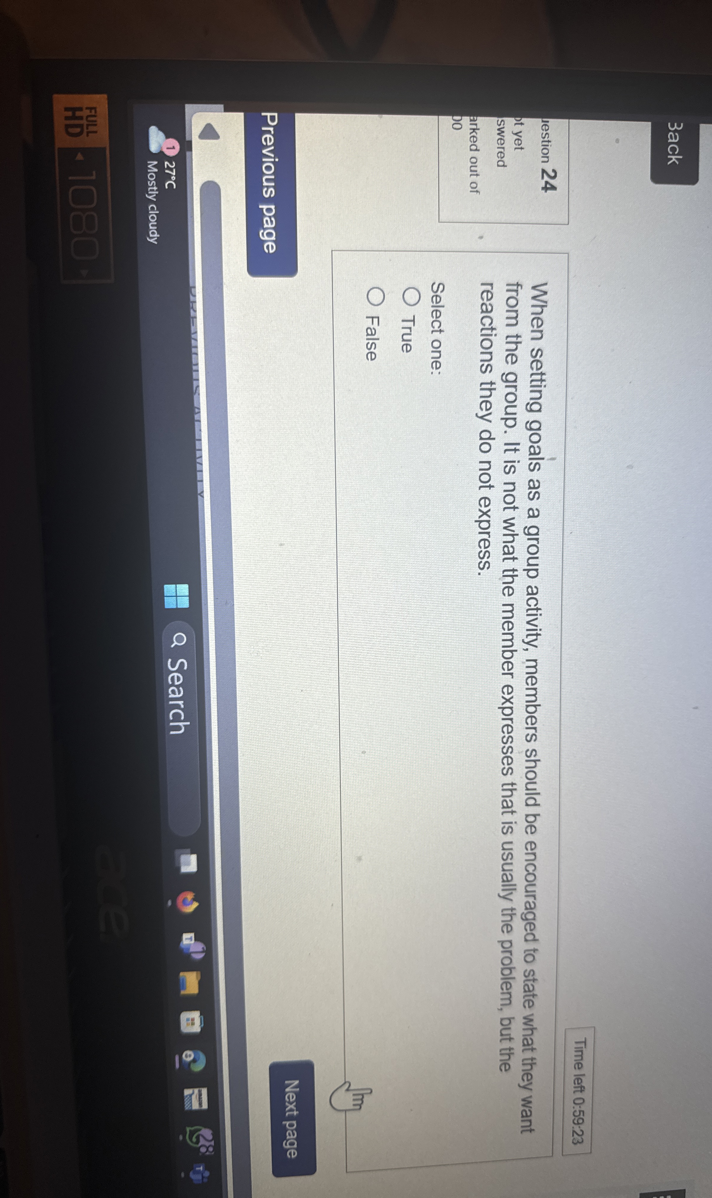  3ack Time left 0:59:23 lestion 24 t yet swered arked out