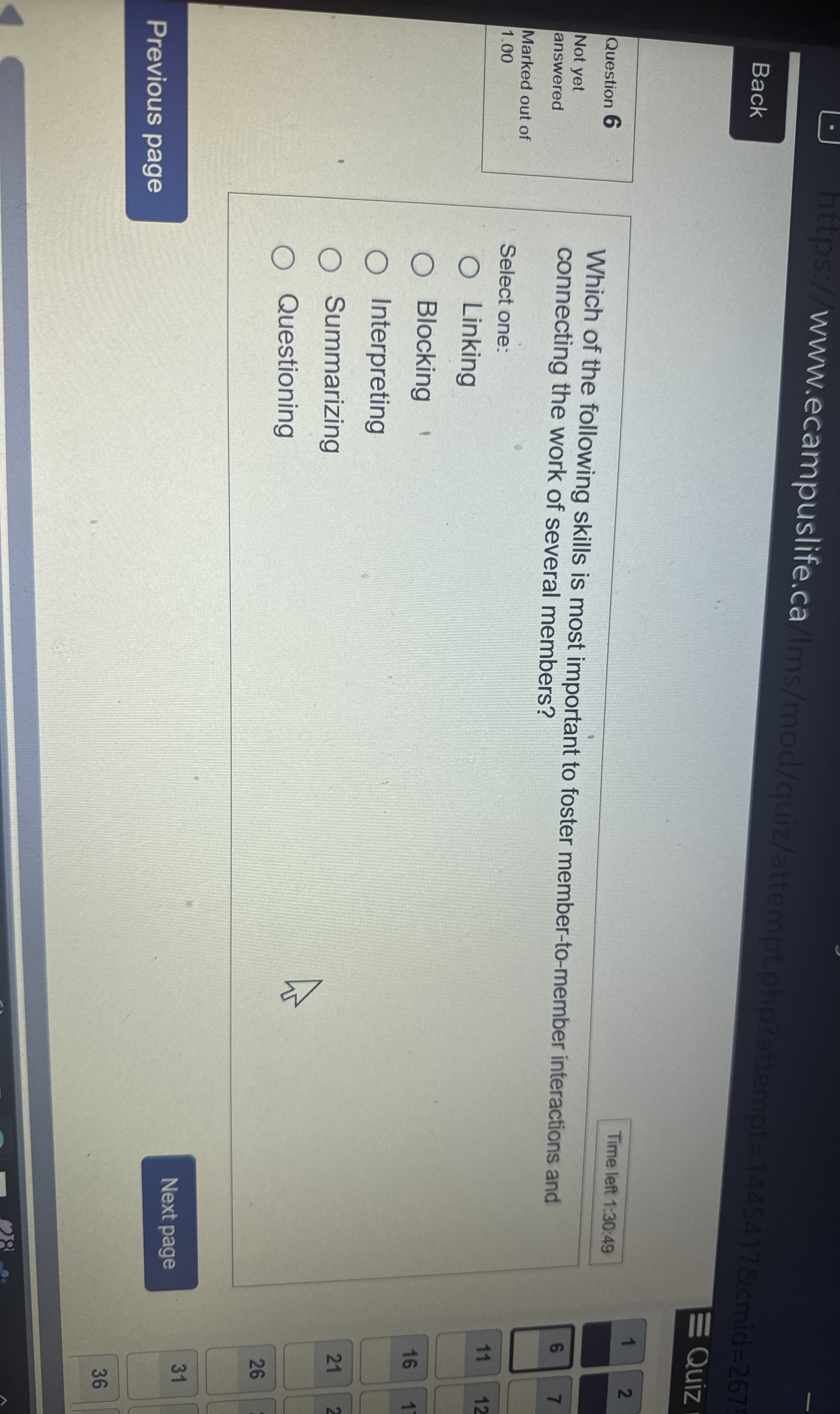  www.ecampuslife.ca Back Time left 1:30:49 Question 6 Not yet answered Marked