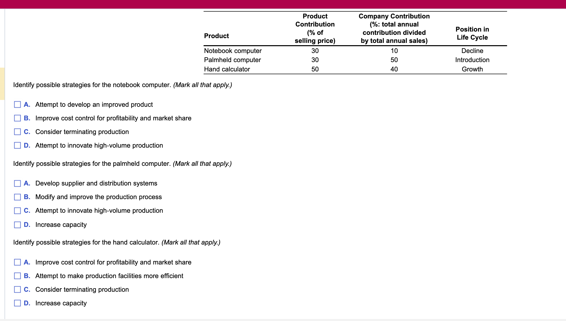  Identify possible strategies for the notebook computer. (Mark all that apply.)