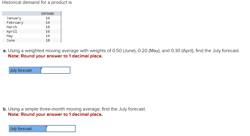  Historical demand for a product is a. Using a weighted moving