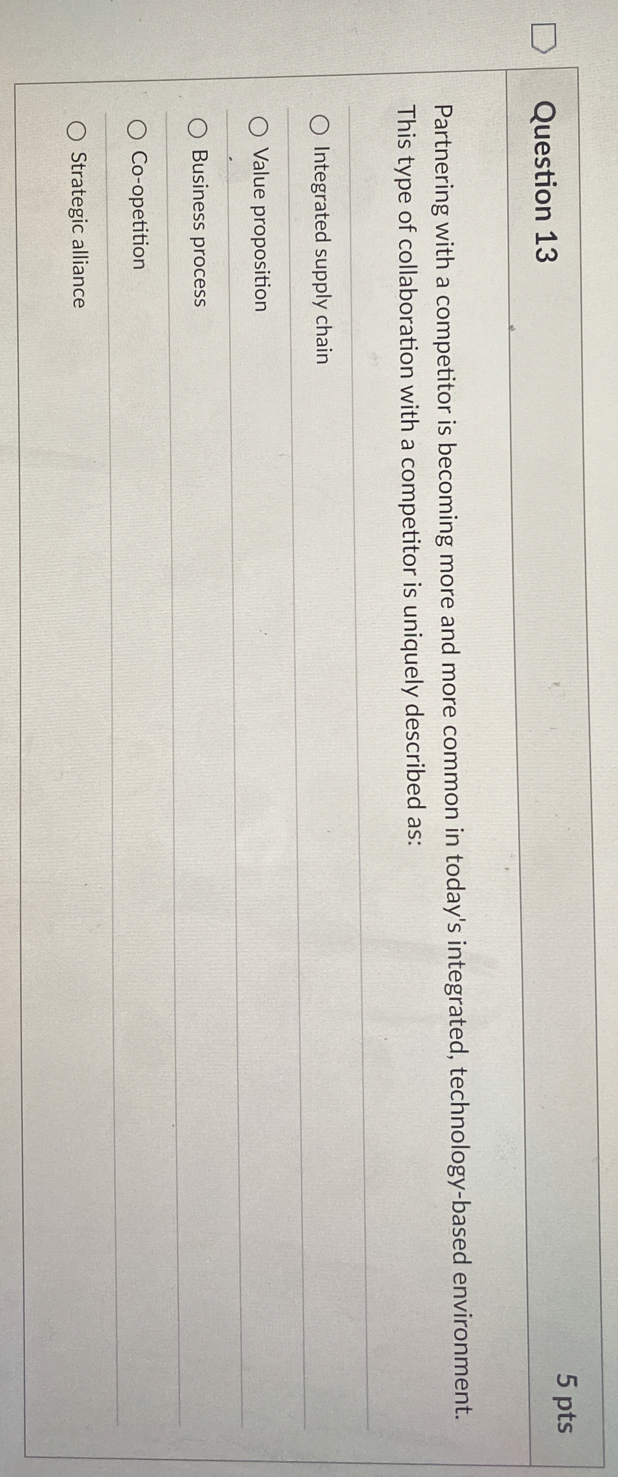 Question 13 5 pts Partnering with a competitor is becoming more