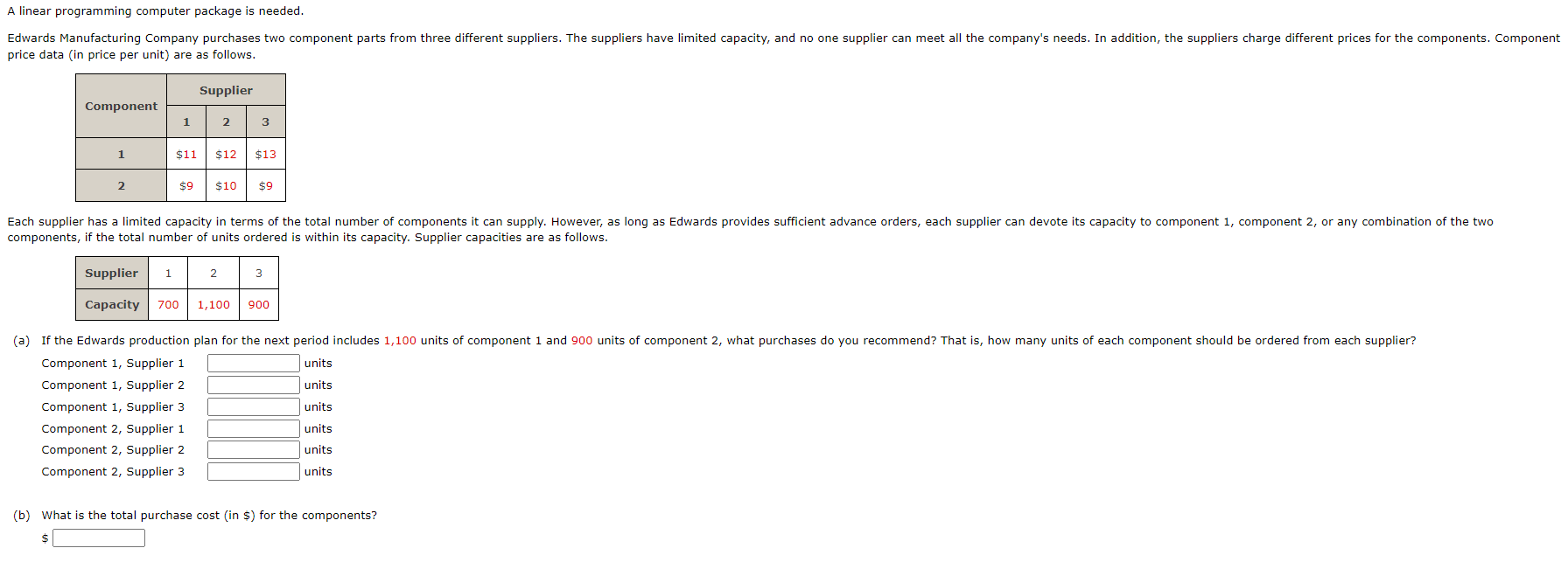  A linear programming computer package is needed. price data (in price