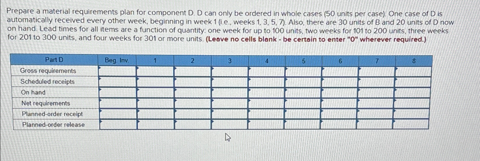  Prepare a material requirements plan for component D. D can only