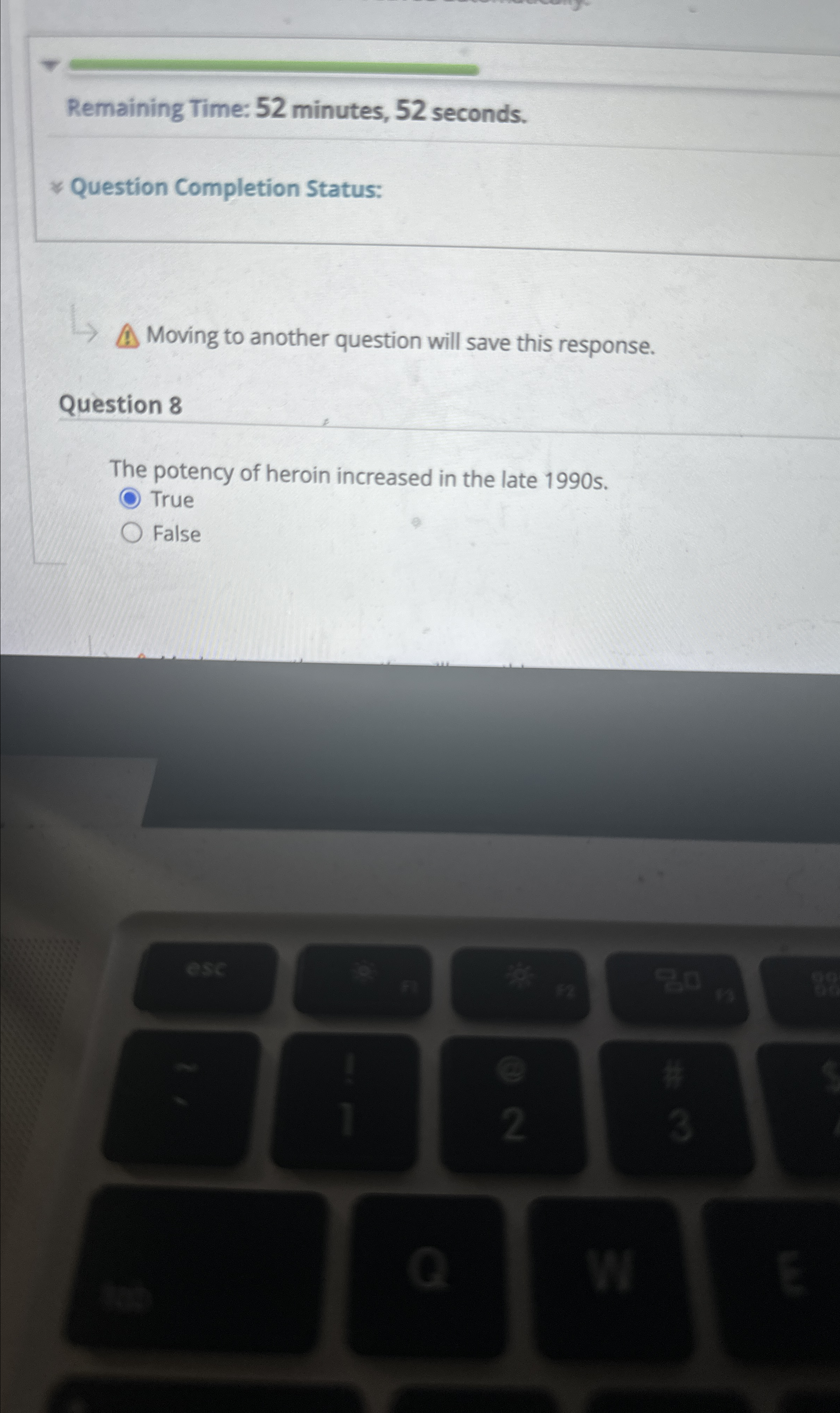  Remaining Time: 52 minutes, 52 seconds. Question Completion Status: Moving to