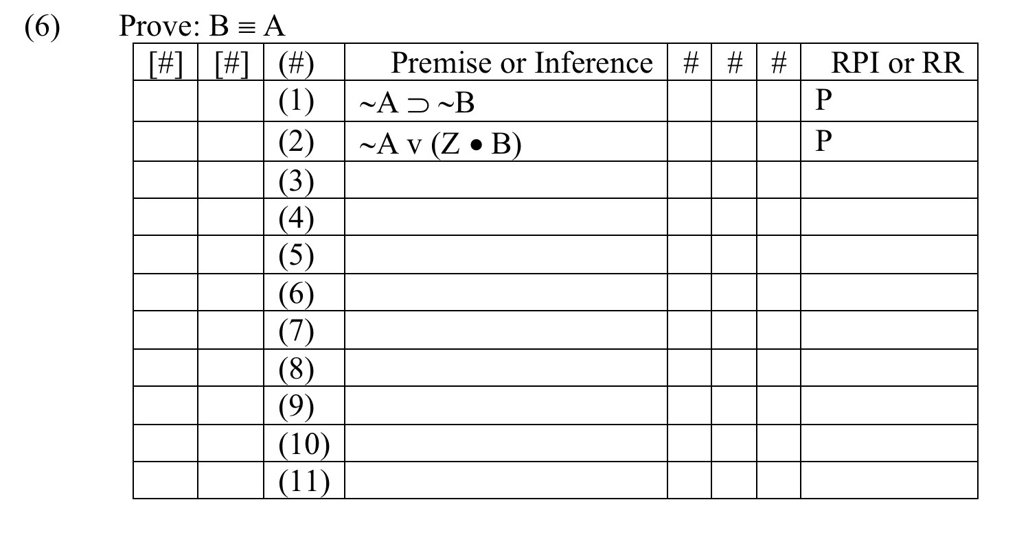  (6) Prove: B = A # Premise or Inference # #