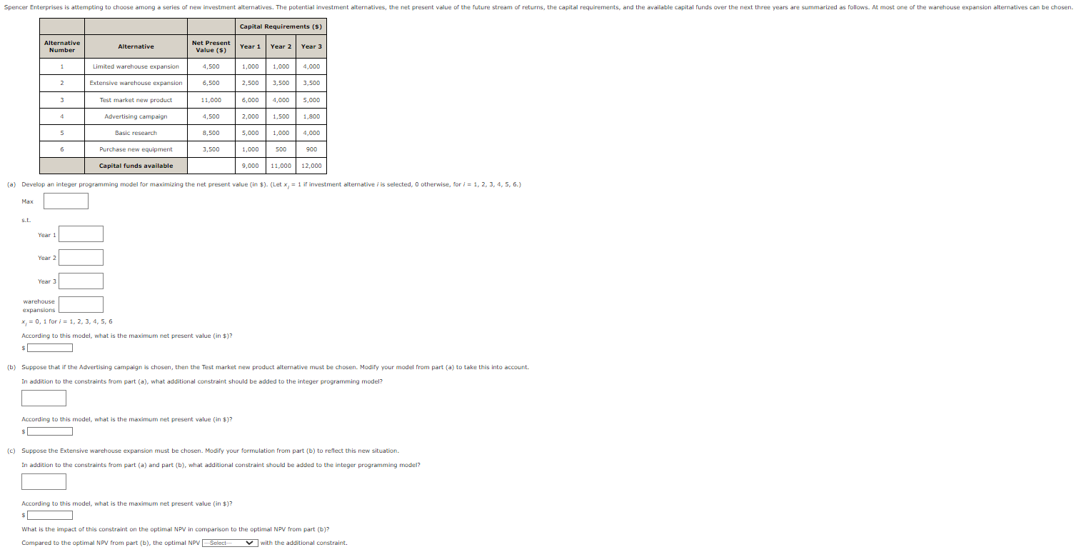  (a) Develop an integer programming model for maximizing the net present