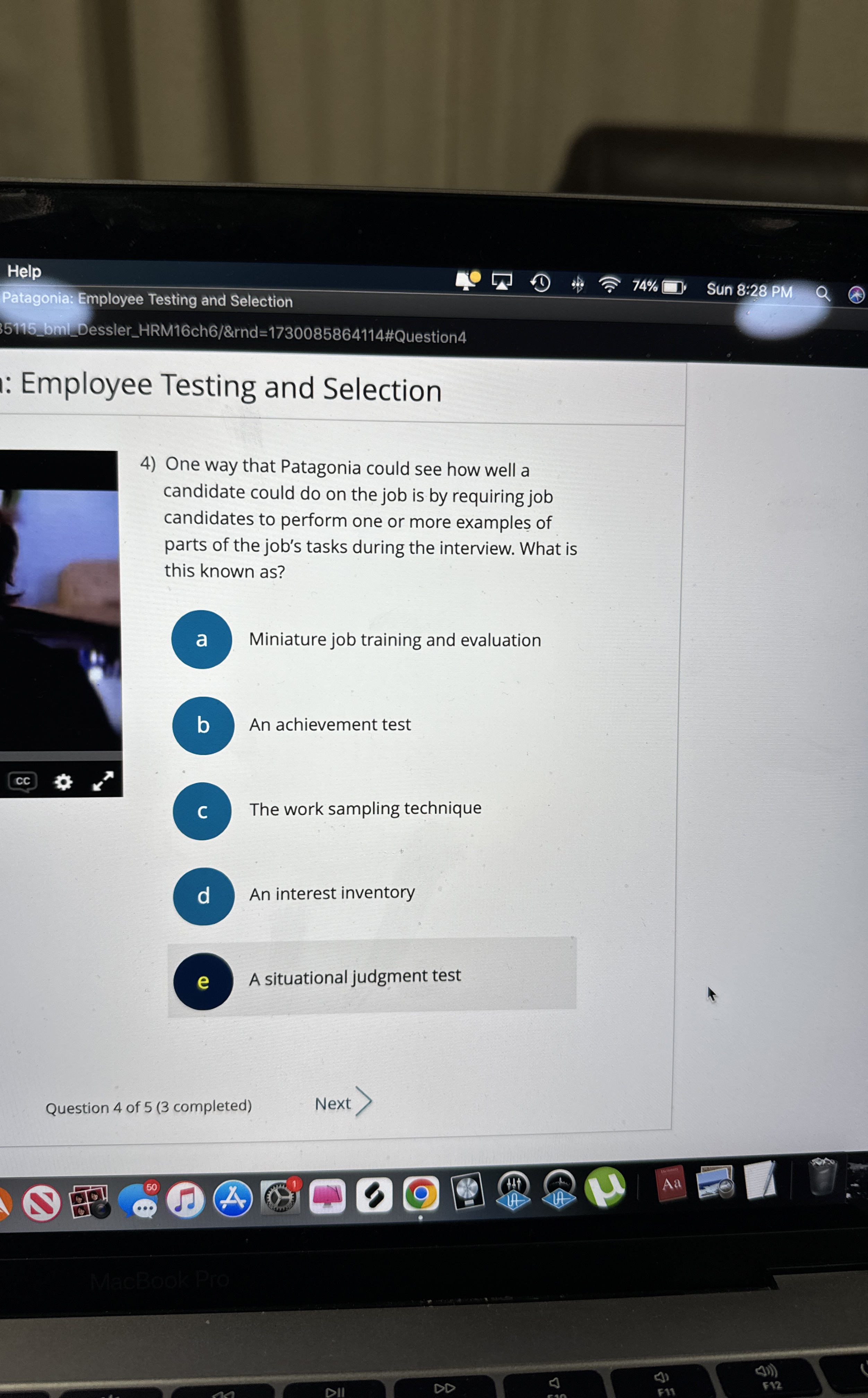  Help Patagonia: Employee Testing and Selection 74% Sun 8:28 PM 5115_bmi_Dessler_HRM16ch6/&rnd=1730085864114#Question4
