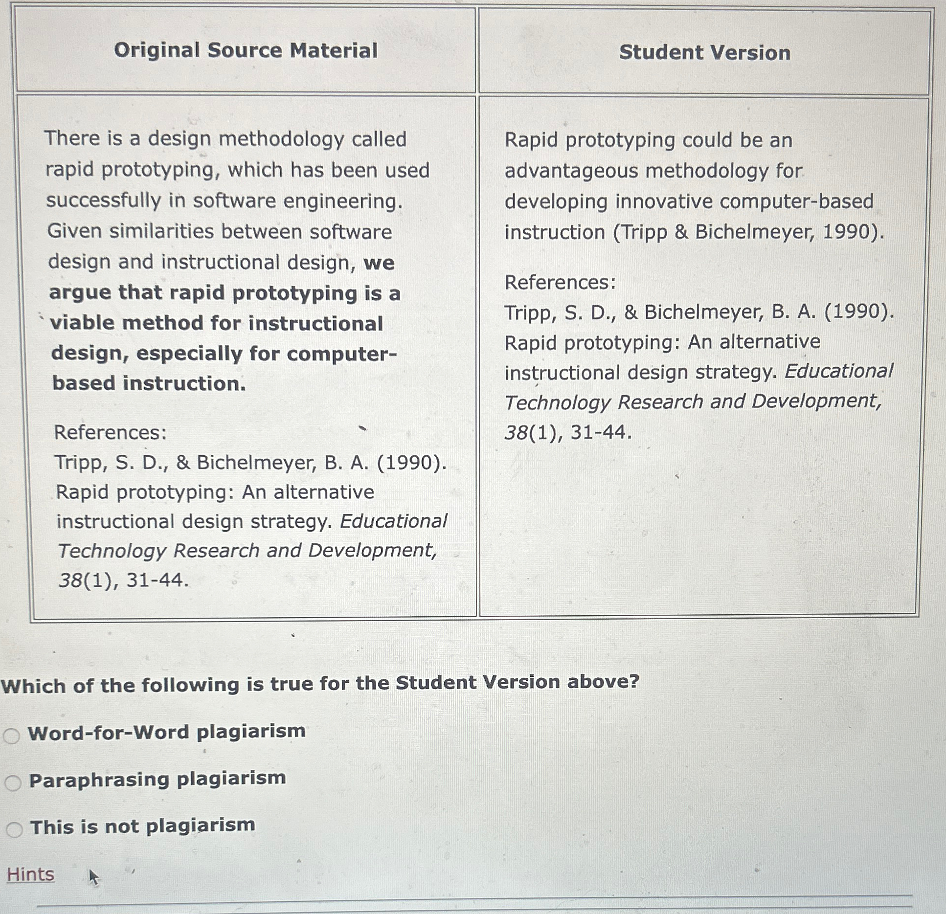  \table[[Original Source Material,Student Version],[\table[[There is a design methodology called],[rapid prototyping, which