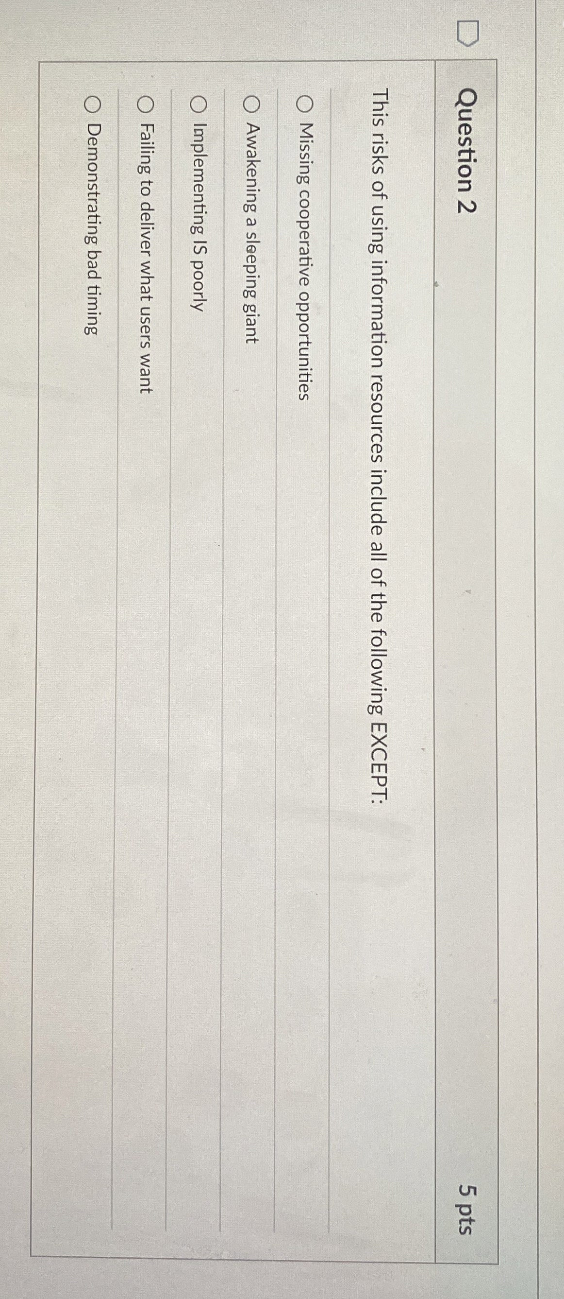  Question 2 5 pts This risks of using information resources include
