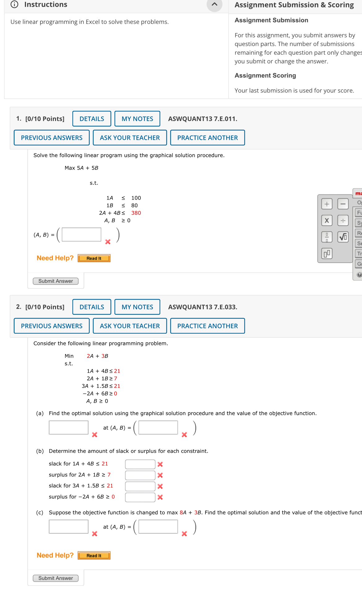 (i) Instructions Use linear programming in Excel to solve these problems.