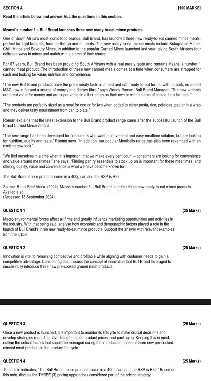  SECTION A [100 MARKS] Read the article below and answer ALL