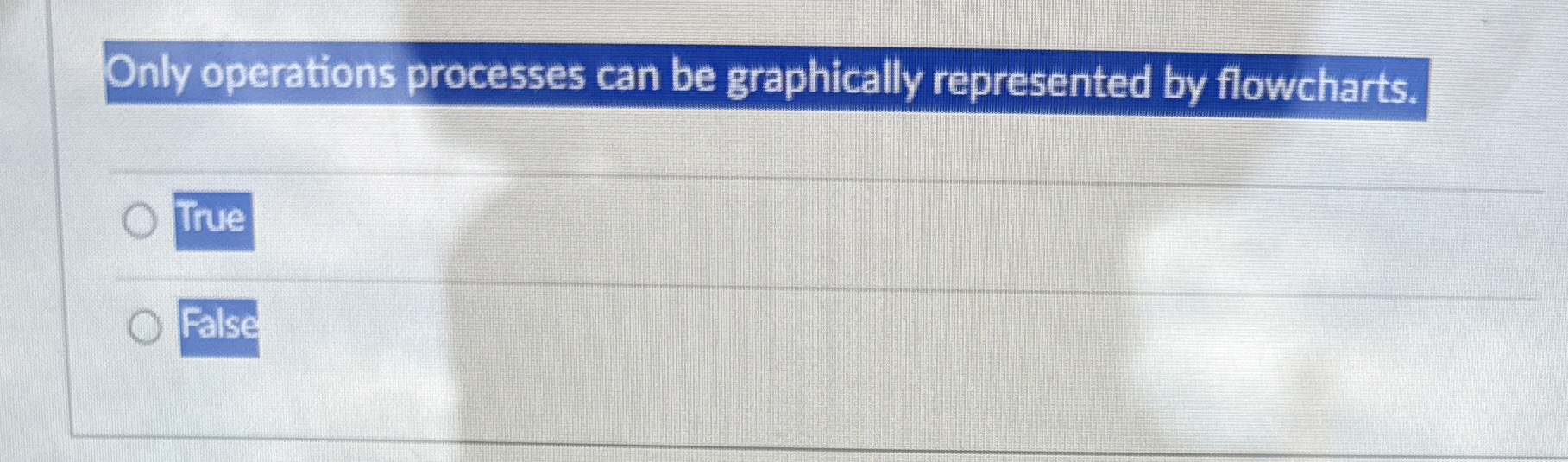  Only operations processes can be graphically represented by flowcharts. True False
