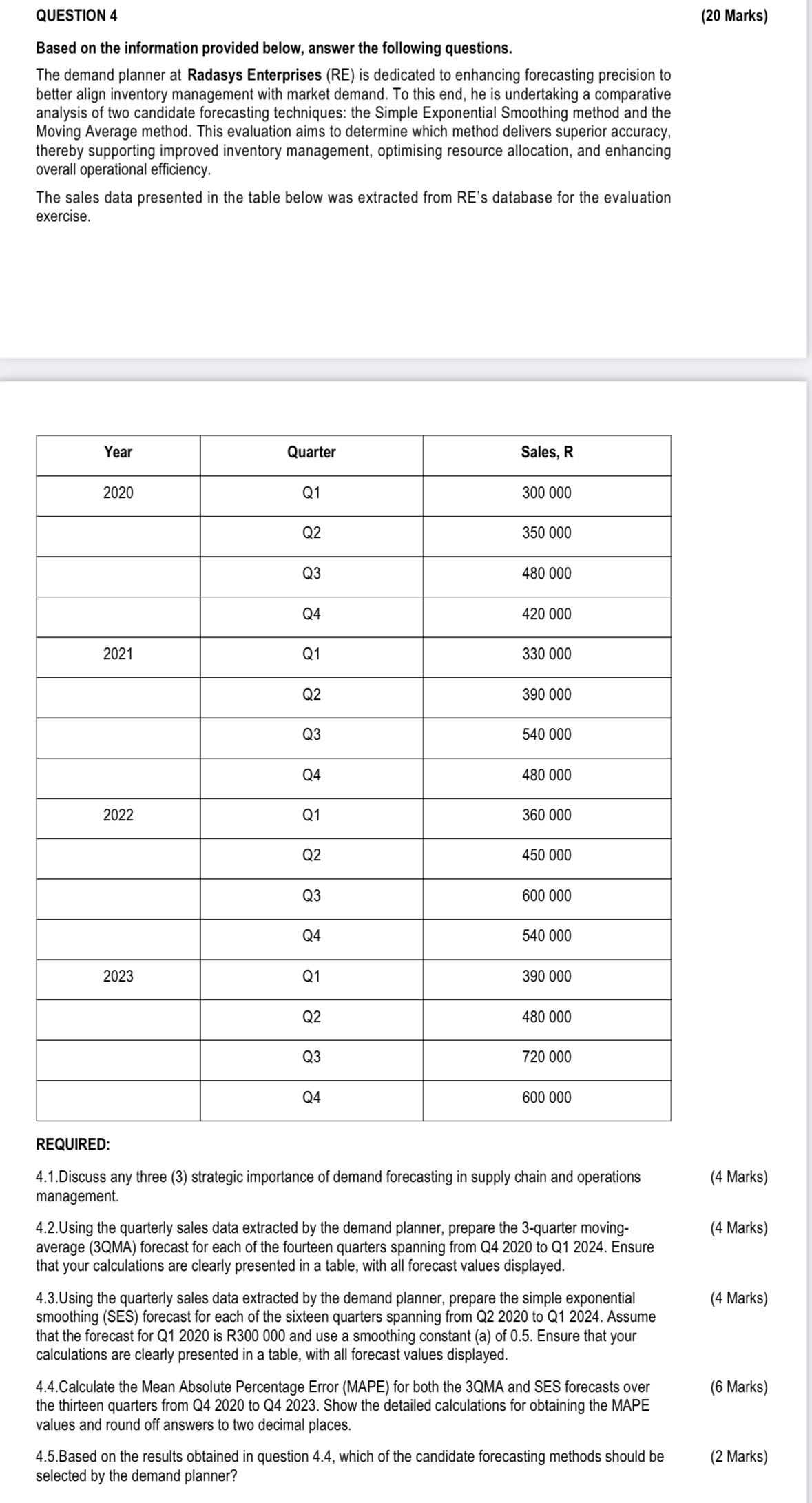  QUESTION 4 (20 Marks) Based on the information provided below, answer
