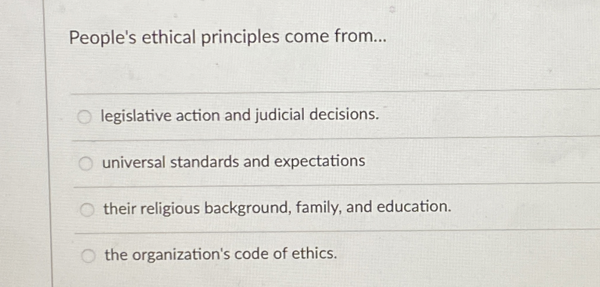  People's ethical principals come from 