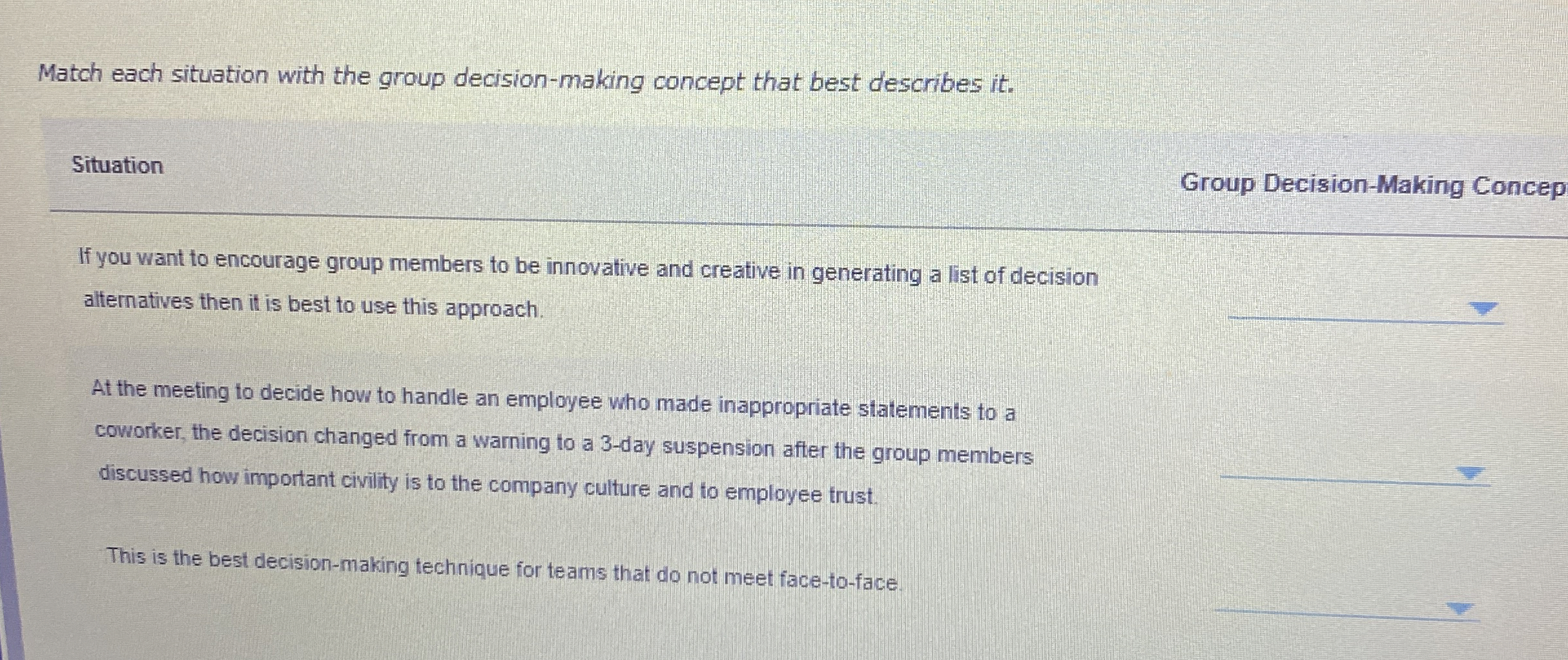 Match each situation with the group decision-making concept that best describes