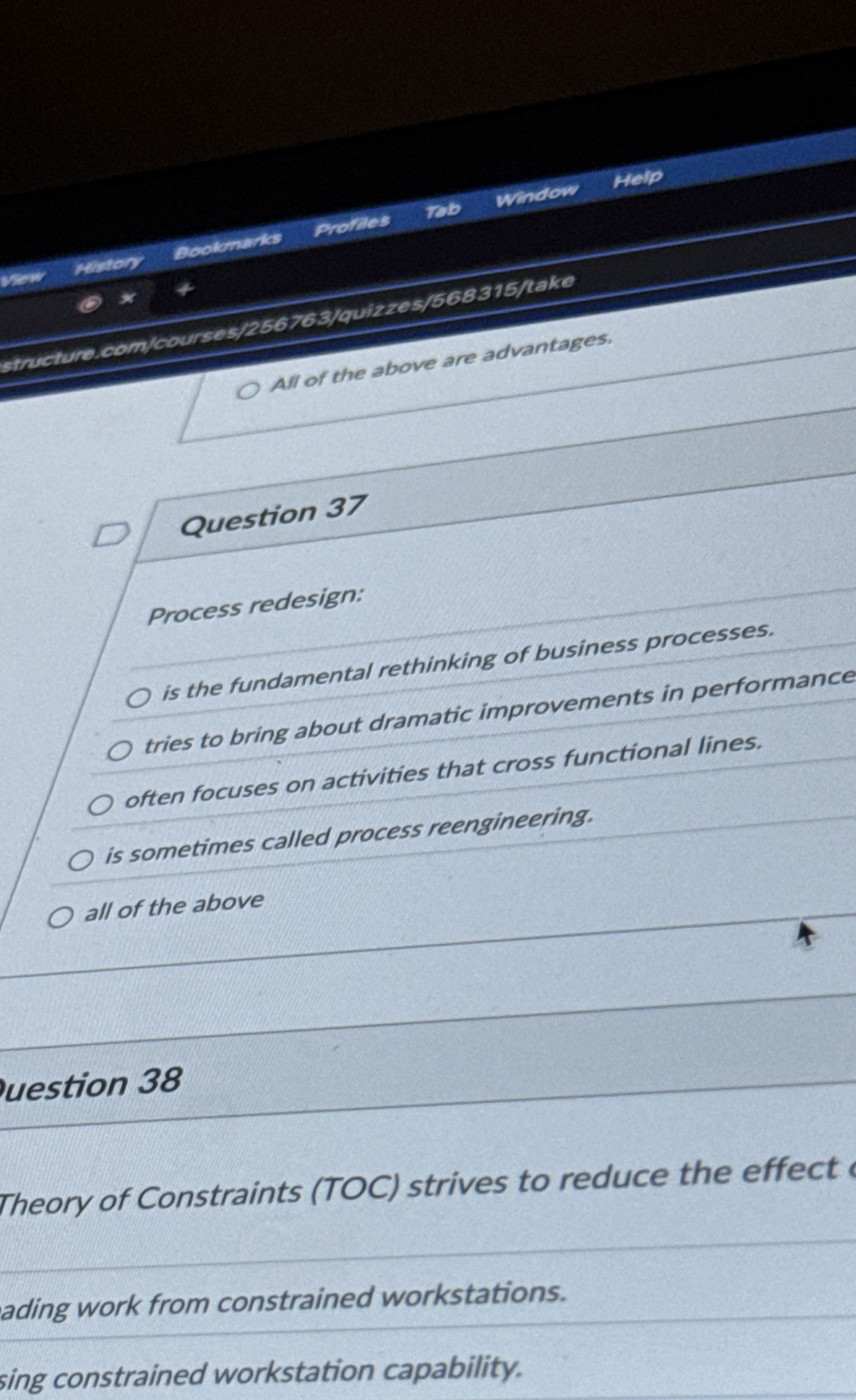  stheture com/courses/256763/avizzes/568315/hake All of the above are advantages. Question 37 Process