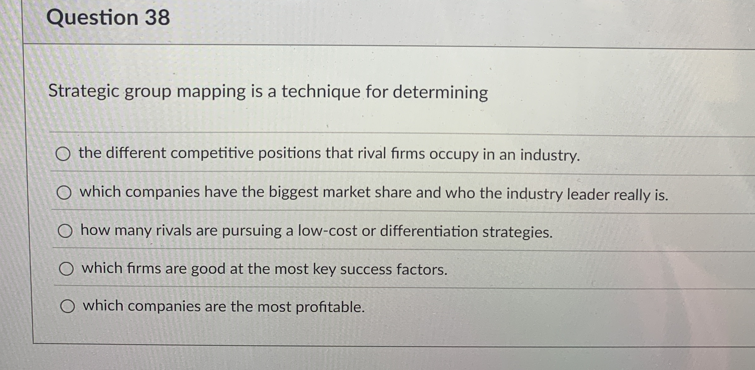  Question 38 Strategic group mapping is a technique for determining the