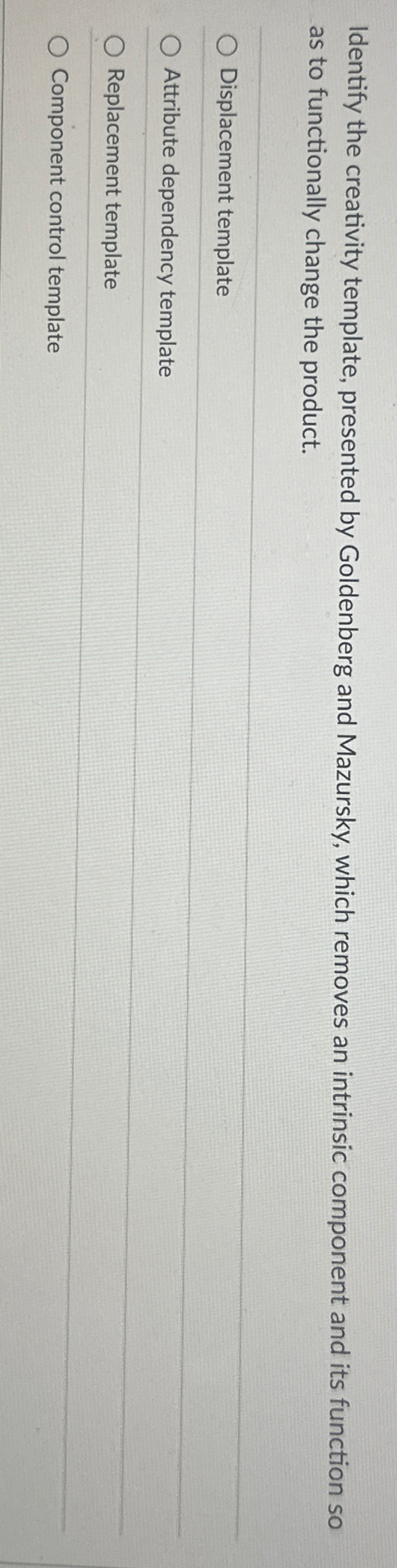  Identify the creativity template, presented by Goldenberg and Mazursky, which removes