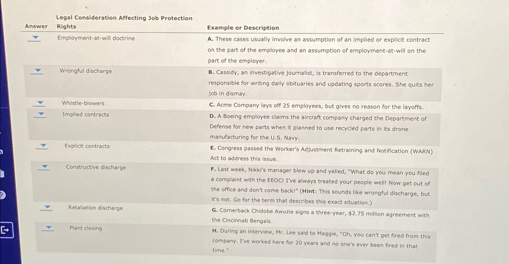  Legal Consideration Affecting Job Protection \table[[Answer,Rights,Example or Description],[grad,Employment-at-will doctrine,\table[[A. These cases