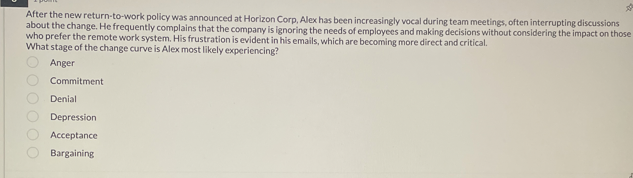  After the new return-to-work policy was announced at Horizon Corp, Alex
