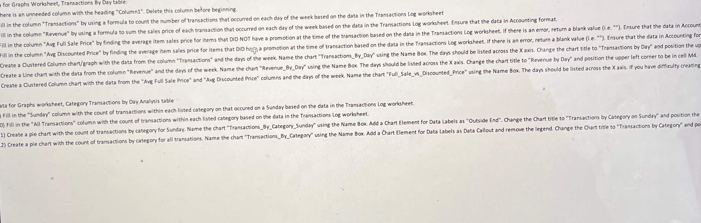  for Graphs Worksheet, Transactions By Day table: here is an unneeded
