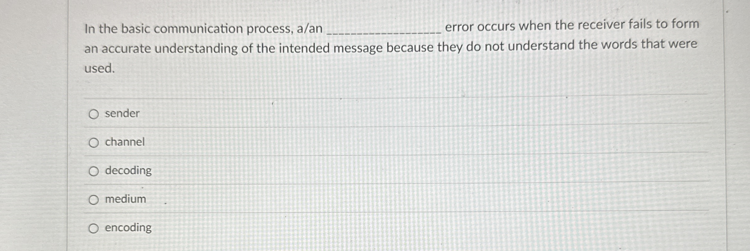  In the basic communication process, a/an error occurs when the receiver