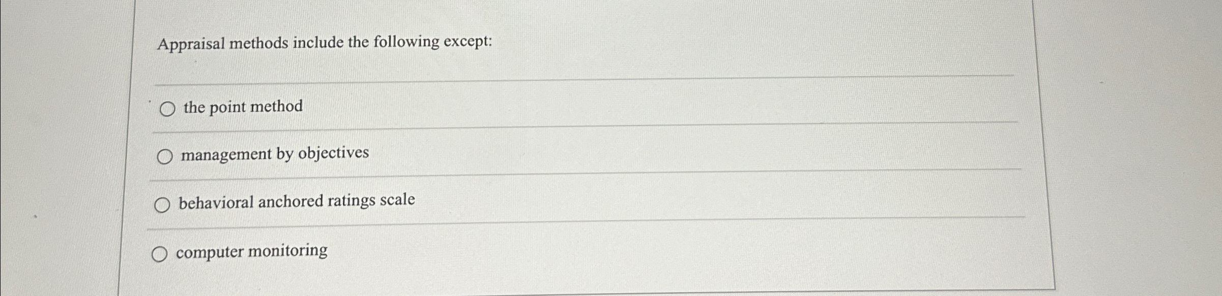  Appraisal methods include the following except: the point method management by