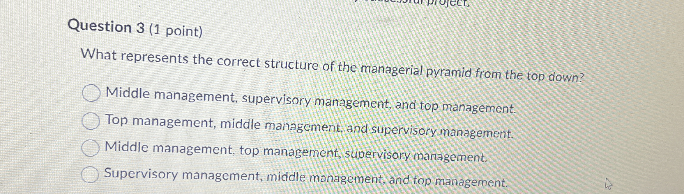 Question 3(1 point) What represents the correct structure of the managerial